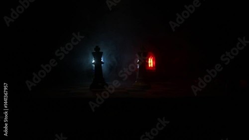 Chess board game concept of business ideas and competition. Police car on a dark background with smoke and fog. Selective focus