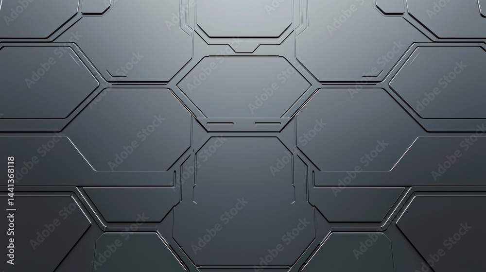 Futuristic metallic hexagonal pattern with a sleek, modern, and technological design in a dark gray color scheme.