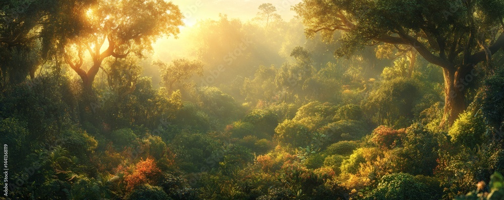 Lush sunrise through a misty jungle. Lush sunrise through a misty jungle.