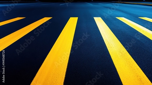 Obraz na płótnie Vibrant yellow crosswalk lines on a dark asphalt road at night, illuminated by streetlights w salonie