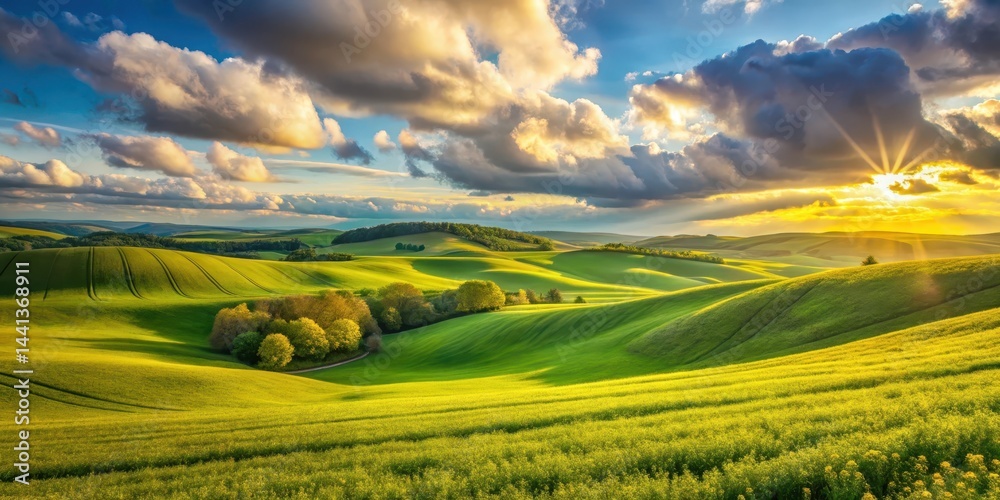 Obraz premium Serene Sunset Over Rolling Hills of Verdant Fields and Lush Greenery