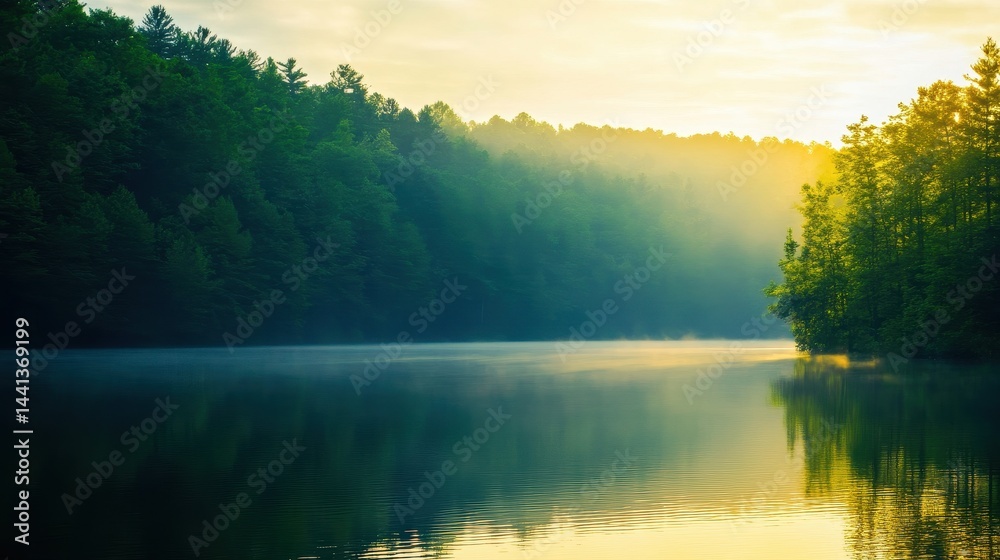 Serene lake at dawn surrounded by lush green trees, reflecting soft morning light on water
