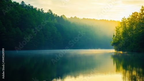 Obraz na płótnie Serene lake at dawn surrounded by lush green trees, reflecting soft morning light on water w salonie