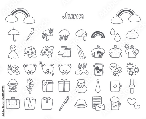 雨と父の日モノクロ手描き風線画ベクターイラスト - Rainy Season and Father's Day Monochrome Line Art Vector Illustration