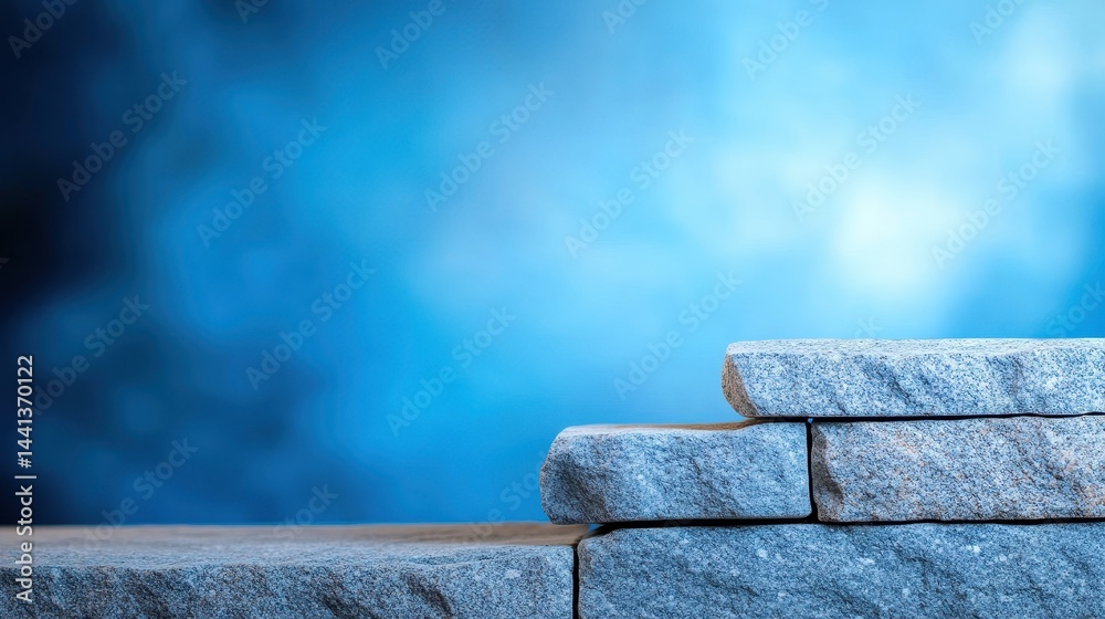 Close-up of stacked gray stones against a blurred blue background, creating a serene atmosphere