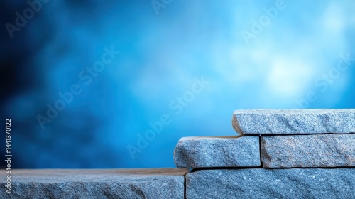 Obraz na płótnie Close-up of stacked gray stones against a blurred blue background, creating a serene atmosphere w salonie