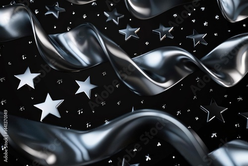 Black and metallic silver stars and flowing ribbons create a dynamic and glossy abstract background with a sense of movement and depth