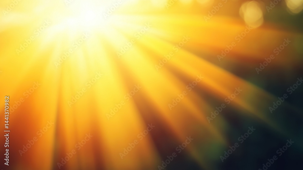 Bright golden sunlight rays streaming through a lush green forest, creating a serene atmosphere