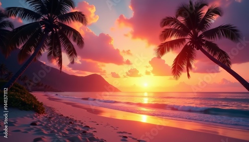 Vibrant sunrise on tranquil tropical beach with palm tree silhouettes, island, paradise, silhouette