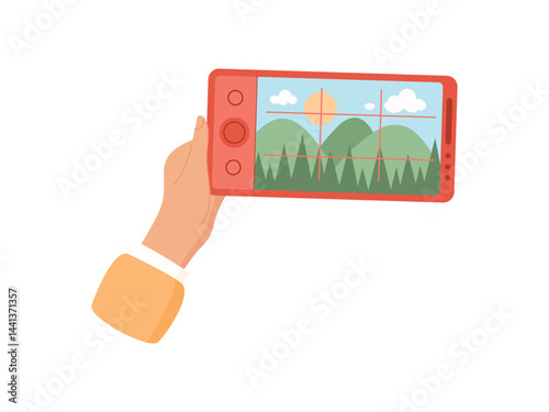 Hand holds a smartphone with a photo app. A user taps the screen to capture selfie. People enjoy taking pictures using mobile media, flat style, perfect for social media marketing.
