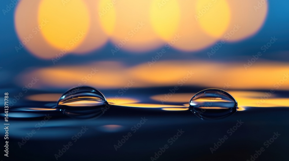 Close-up of water droplets reflecting soft bokeh lights in a tranquil setting at sunset