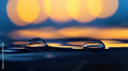 Obraz na płótnie Close-up of water droplets reflecting soft bokeh lights in a tranquil setting at sunset w salonie