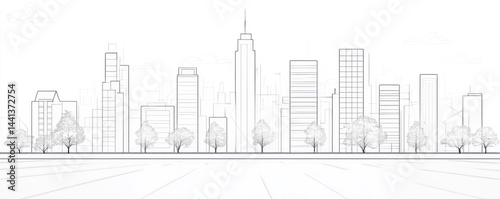 A city skyline with tall buildings and trees. The city appears to be empty and peaceful. The buildings are tall and spread out, with some of them having windows