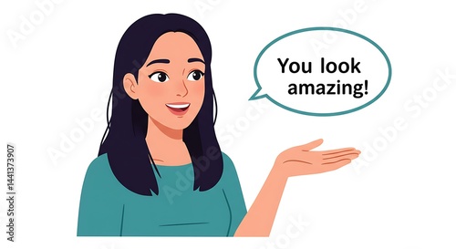 Woman Giving Compliment with Speech Bubble, Saying You Look Amazing