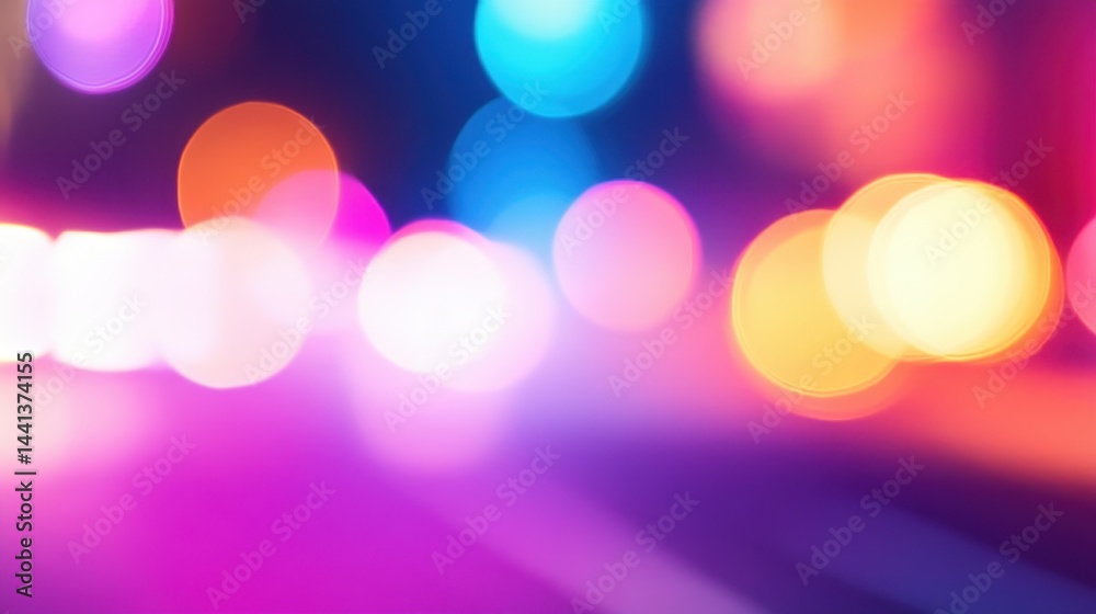 Blurry night scene filled with colorful bokeh lights, creating a vibrant urban atmosphere