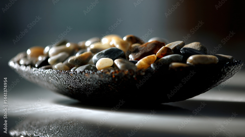 Oval decorative bowl filled with smooth stones.