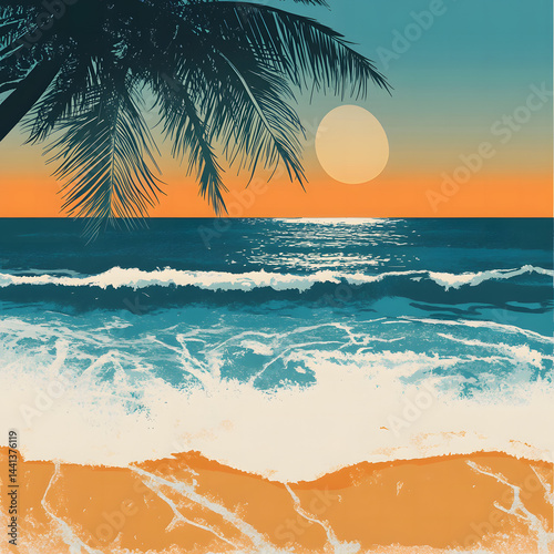 A beach theme, beach, ocean, sun, palm tree, color illustration graphic t-shirt style, in style of comic illustration

