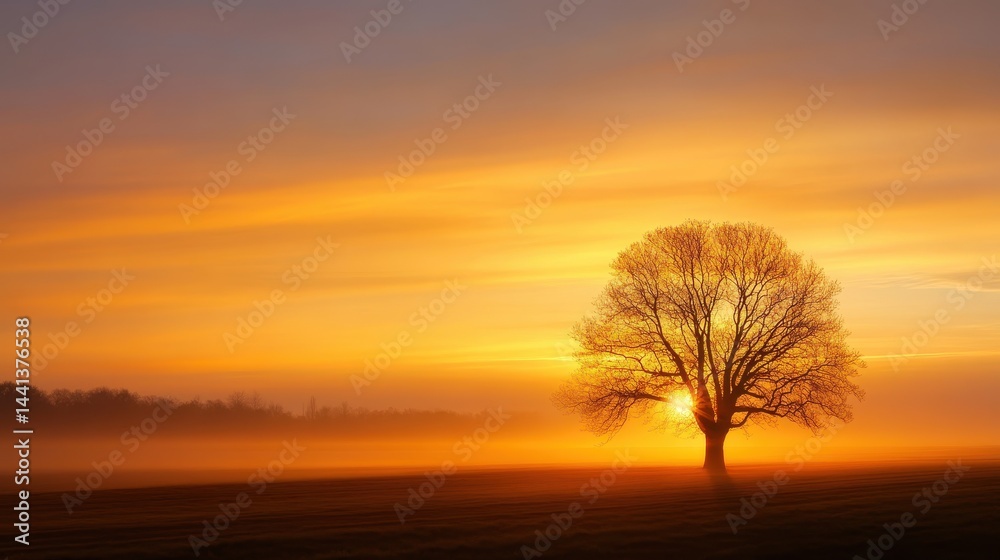 Majestic solitary tree silhouetted against a vibrant sunset in a tranquil landscape