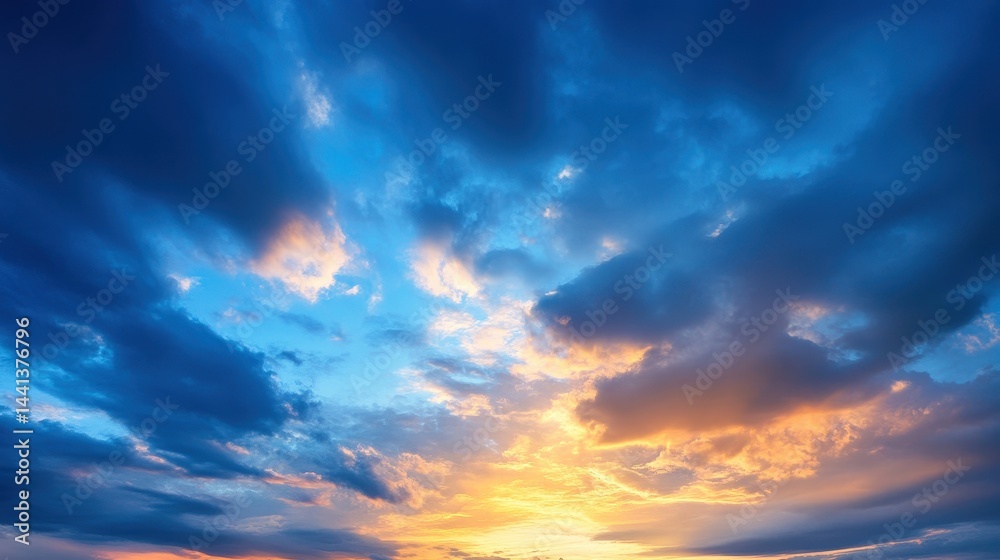 Stunning sunset over a tranquil sky with vibrant colors and dramatic cloud formations