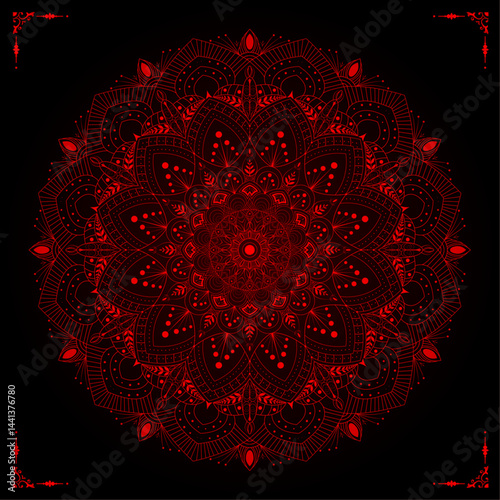 Traditional creative ornament mandala design | The Infinite Tapestry of Mind and Spirit: A Mandala Design Weaving Together Ancient Symbols, Sacred Patterns, and Meditative Artistry with red colour