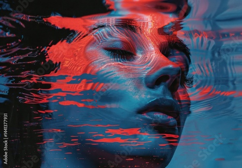 Close-up of a serene face with eyes closed submerged in water with red and blue light reflections creating abstract ripples and waves