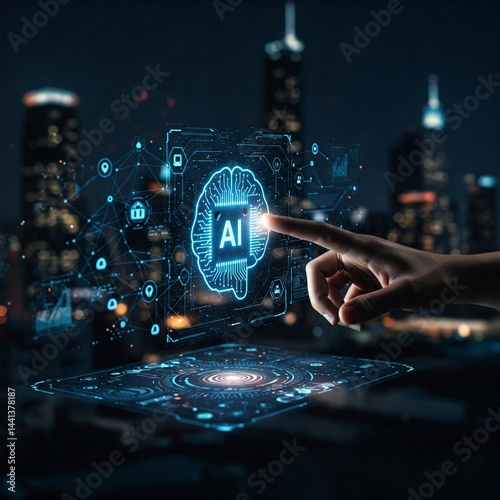 Hand gently touching an AI circuit board, symbolizing the power and potential of artificial intelligence in the digital economy.