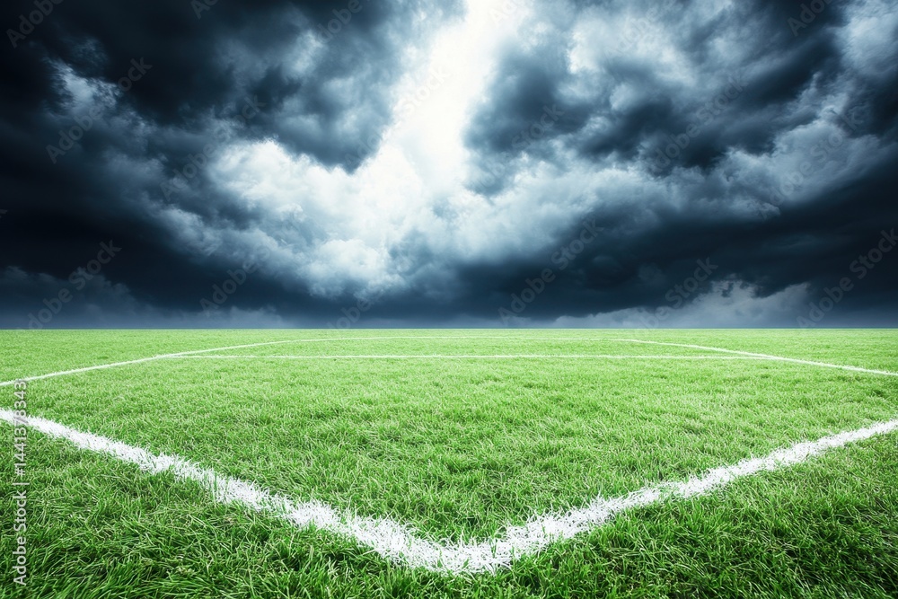 Obraz premium Dramatic soccer field under stormy sky