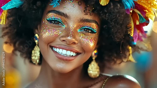 Closeup Portrait of a Smiling Woman with Glitter Makeup and Colorful Headpiece