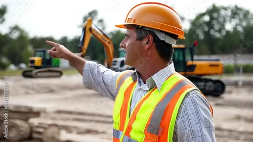 Construction Worker Directing Excavator Operation at a Site