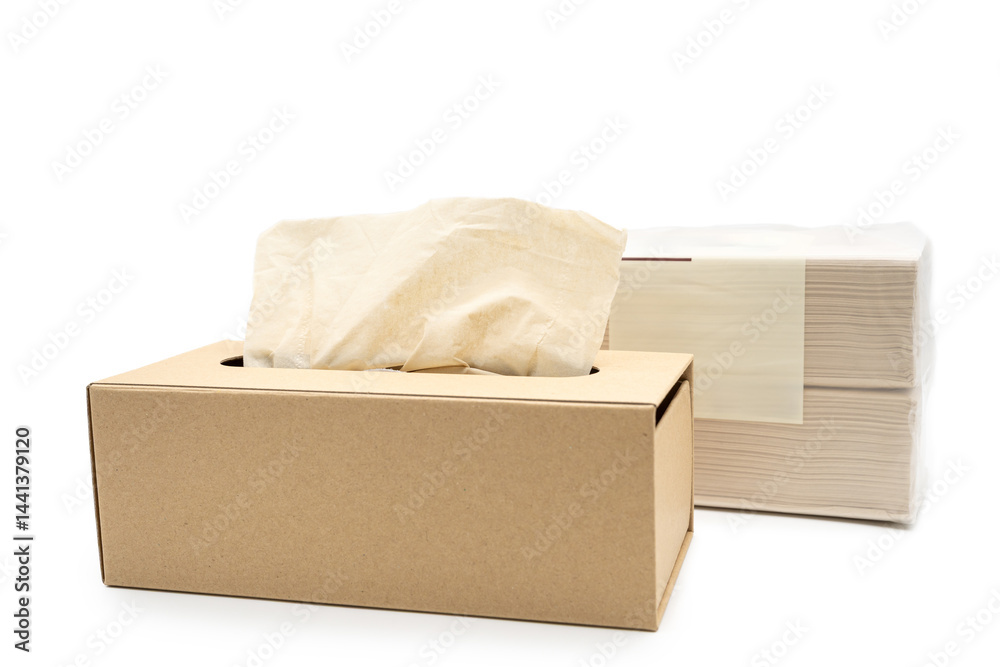 Brown tissue paper box isolated on white background with brown TISSUE PAPER pack. Copy space for text. Nice natural cardboard box of paper tissue.