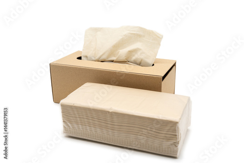 Brown tissue paper box isolated on white background with brown TISSUE PAPER pack. Copy space for text. Nice natural cardboard box of paper tissue.
