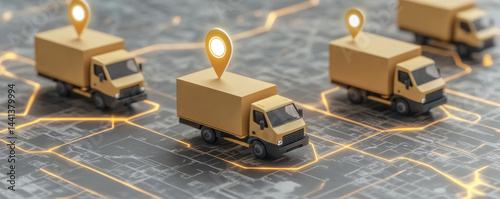A map of a city with three yellow trucks on it. The trucks are marked with a GPS symbol