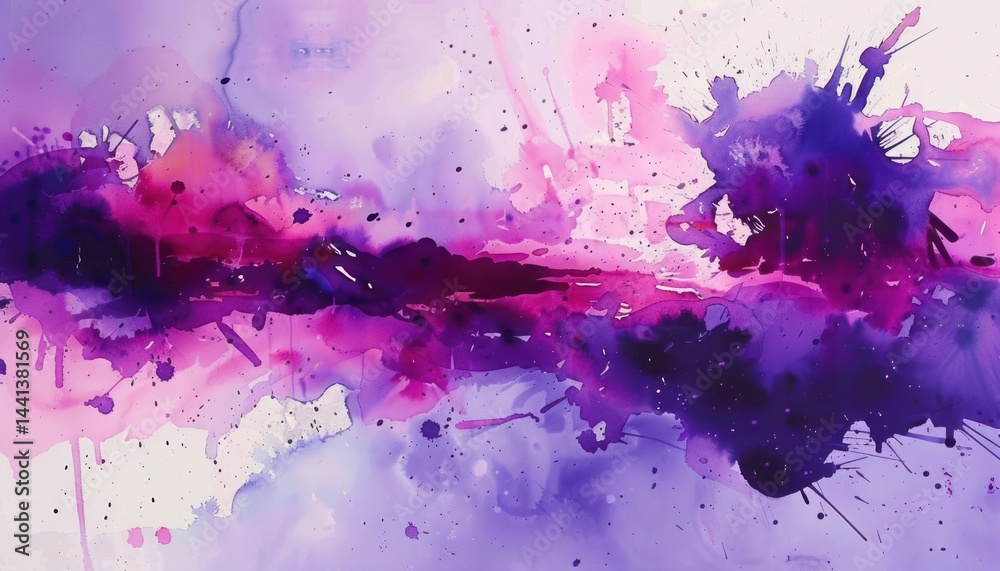 Fototapeta premium abstract watercolor painting with vibrant splashes and drips of purple, pink, and violet hues blending together in dynamic horizontal streaks, evoking a sense of energy and fluidity