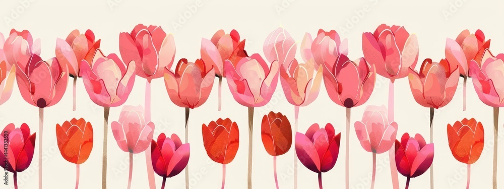 Obraz premium Stylized illustration of various tulip flowers in shades of red, pink, and coral with long slender stems arranged in two horizontal rows against a light background