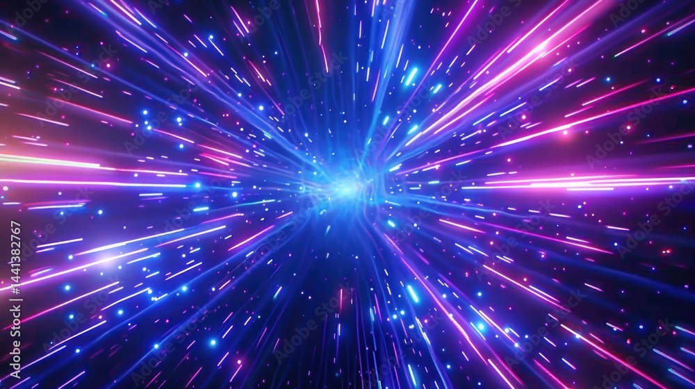 Obraz premium Bright neon light streaks radiating from a central point creating a dynamic sense of speed and energy in vibrant pink, purple, and blue hues against a dark background