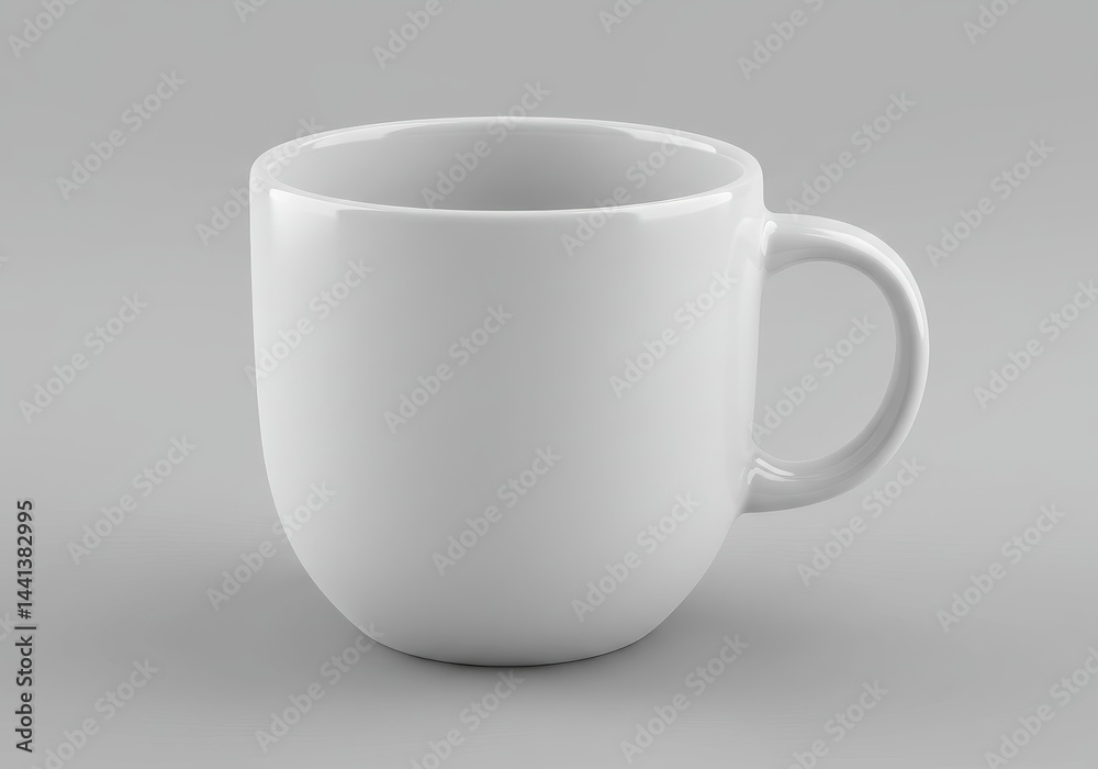 Obraz premium A simple white ceramic mug with a handle sitting on a plain light gray surface in soft studio light