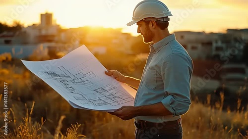 Male Engineer Reviewing Construction Plans at Sunset