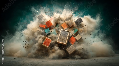 Fototapeta Naklejka Na Ścianę i Meble -  Colorful wooden blocks explode in a dramatic cloud of dust