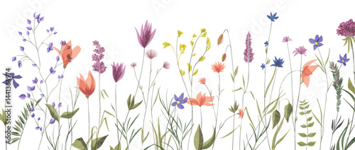Botanical art background with wild flowers on a meadow in watercolor style. Floral banner for decor, print, textile, poster, wallpaper, interior design, packaging. photo