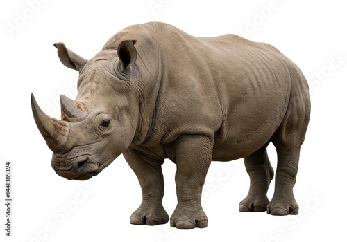 A large rhinoceros standing on a white background with its horns clearly visible and facing forward now