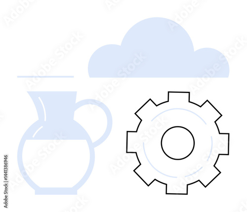 Jug holding liquid, cloud, and gear representing harmony between fluidity, nature, mechanics, and creativity. Ideal for themes thumbs up innovation, eco-design, technology business sustainability