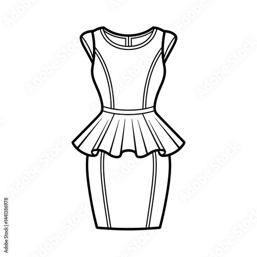 A black and white peplum dress illustration line art of a coloring page