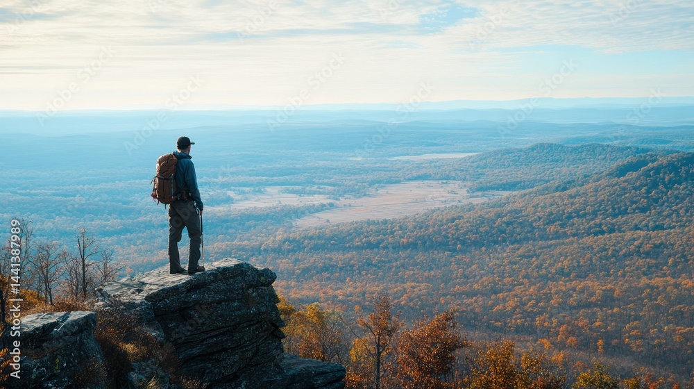 Fototapeta premium A solitary hiker standing on a rocky cliff edge overlooking a vast expansive forested landscape du daytime with clear sky and scenic mountain view in the distance