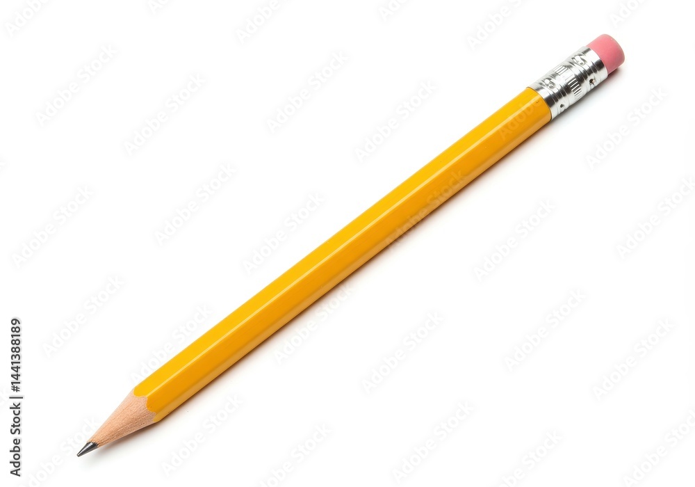 A yellow pencil with a pink eraser on a white background in a horizontal composition close up view A yellow pencil with a pink eraser on a white background in a horizontal composition close up view