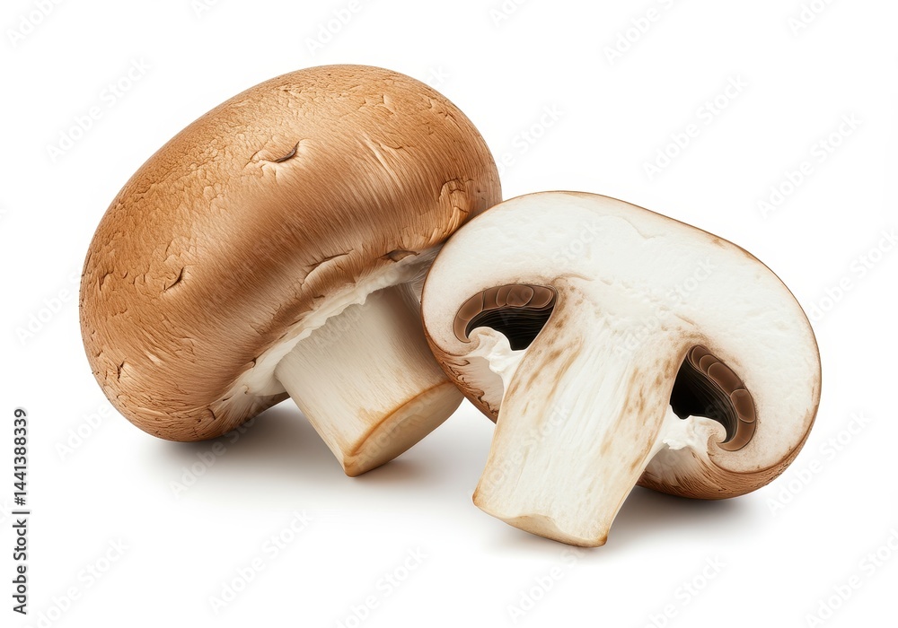 Fototapeta premium A close up image of two brown mushrooms, one whole and one sliced, on a plain white background surface