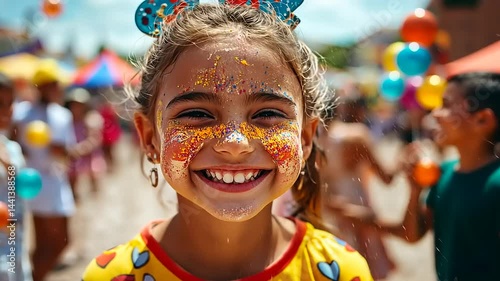 Smiling Girl with Colorful Glitter on Face at Outdoor Festival