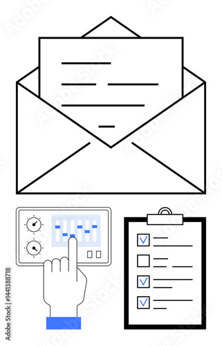 Open envelope with a letter, control panel with hand adjusting settings, and checklist with ticked tasks. Ideal for communication, task organization, email automation, planning, productivity