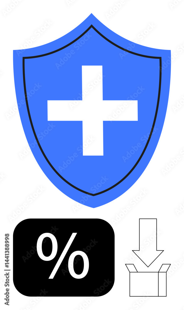 Fototapeta premium Blue shield with white cross for healthcare, percentage sign for discounts, and box with arrow symbolizing benefits. Ideal for healthcare, savings, insurance, safety, delivery, discounts services
