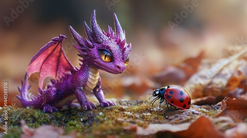 Whical purple baby dragon with tiny wings and large expressive eyes cautiously approaching a ladybug on forest floor amidst autumn leaves and natural outdoor setting