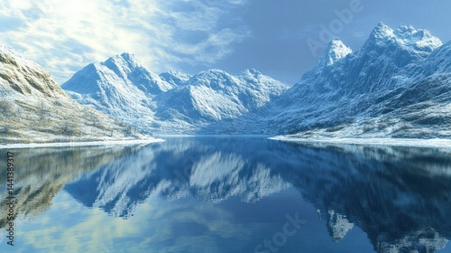 Breathtaking panoramic view of snow-capped mountains reflected in a calm alpine lake under clear blue sky du daytime, pristine wilderness landscape photo